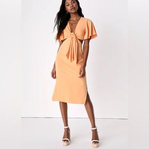 Summer Journey Light Orange Tie-Front Cutout Midi Orange Dress - NWT